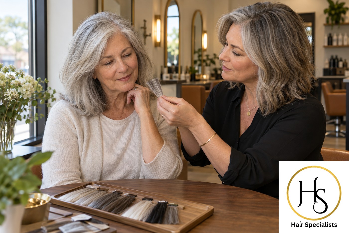 Illustrative gray-hair color comparison consultation, with authentic Hair Specialists logo