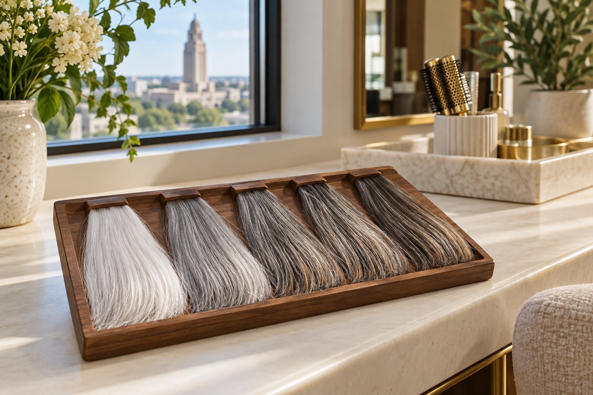 Illustrative gray and salt-and-pepper hair swatches in natural window light
